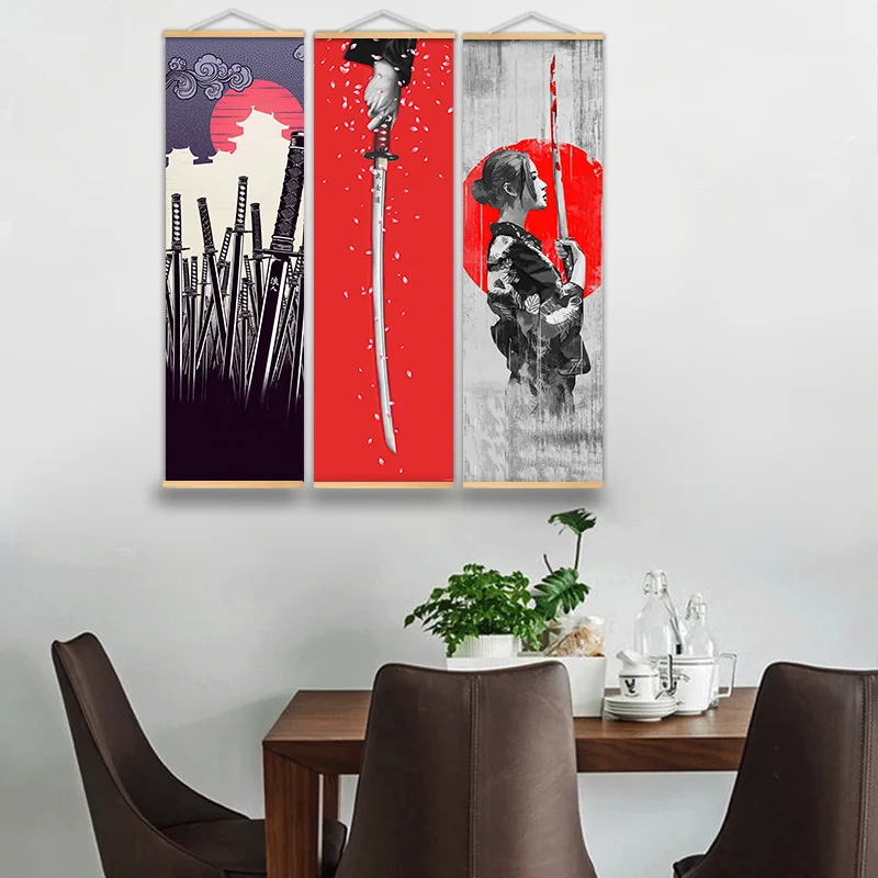 Японская сувенирная постерная картина "Samurai Ukiyoe Scroll" с деревянной подвеской для стены, живопись для домашнего декора в гостиной, спальне и доме.