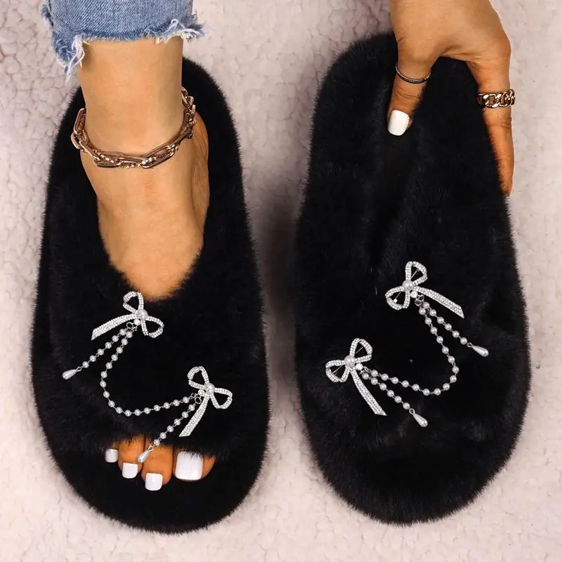 Women Winter Fur Slippers Diamond Bowknot Pearl Chain Warm Home Slides Female Slides Sandals Casual Fluffy House Platform Shoes