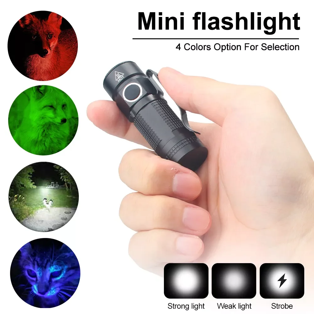 

NEW2023 Mini Portable LED Flashlight Camping Light Torch White/Green/Red/UV Light Waterproof Tent Lamp Cilp 16340 Baterry self d