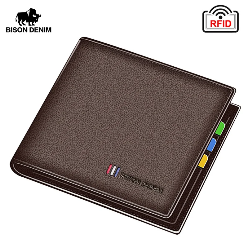 

BISON DENIM 100% Cow Leather Small Wallet Men Bifold Credit Card Holder Wallet Blocking Purse B Gift Male Pocket Bag