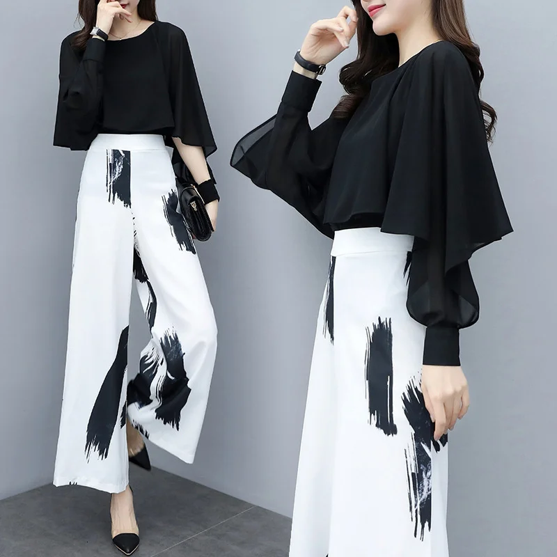 

Весенний женский Топ с длинным рукавом и эластичные широкие брюки с высокой талией Элегантные модные офисные женские комплекты с цветочным...