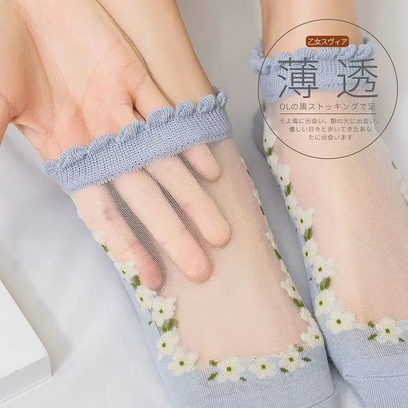 5pairs Floral  Floral Lace Socks Women's Summer Thin Spun Glass Crystal Ankle Socks Breathable Sweat Absorbing Socks Wide Mouth