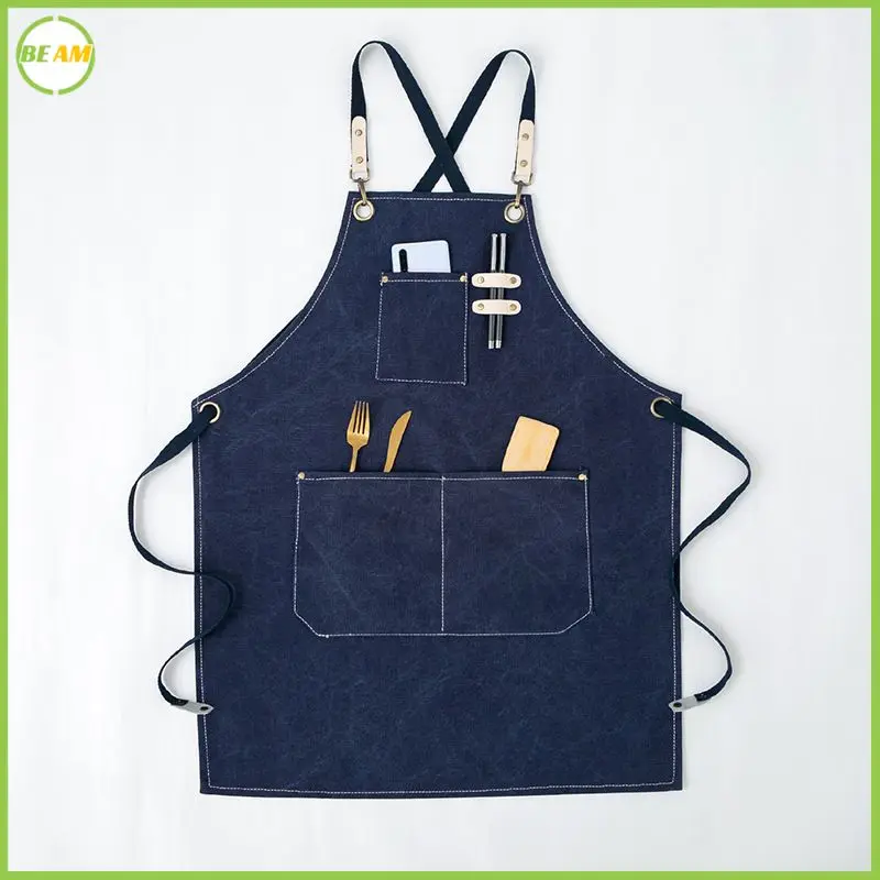 

Kitchen Work Apron Nordic Style Waterproof Flower Shop Uniform Aprons Multiple Slots Thickened Canvas Apron Binding Design