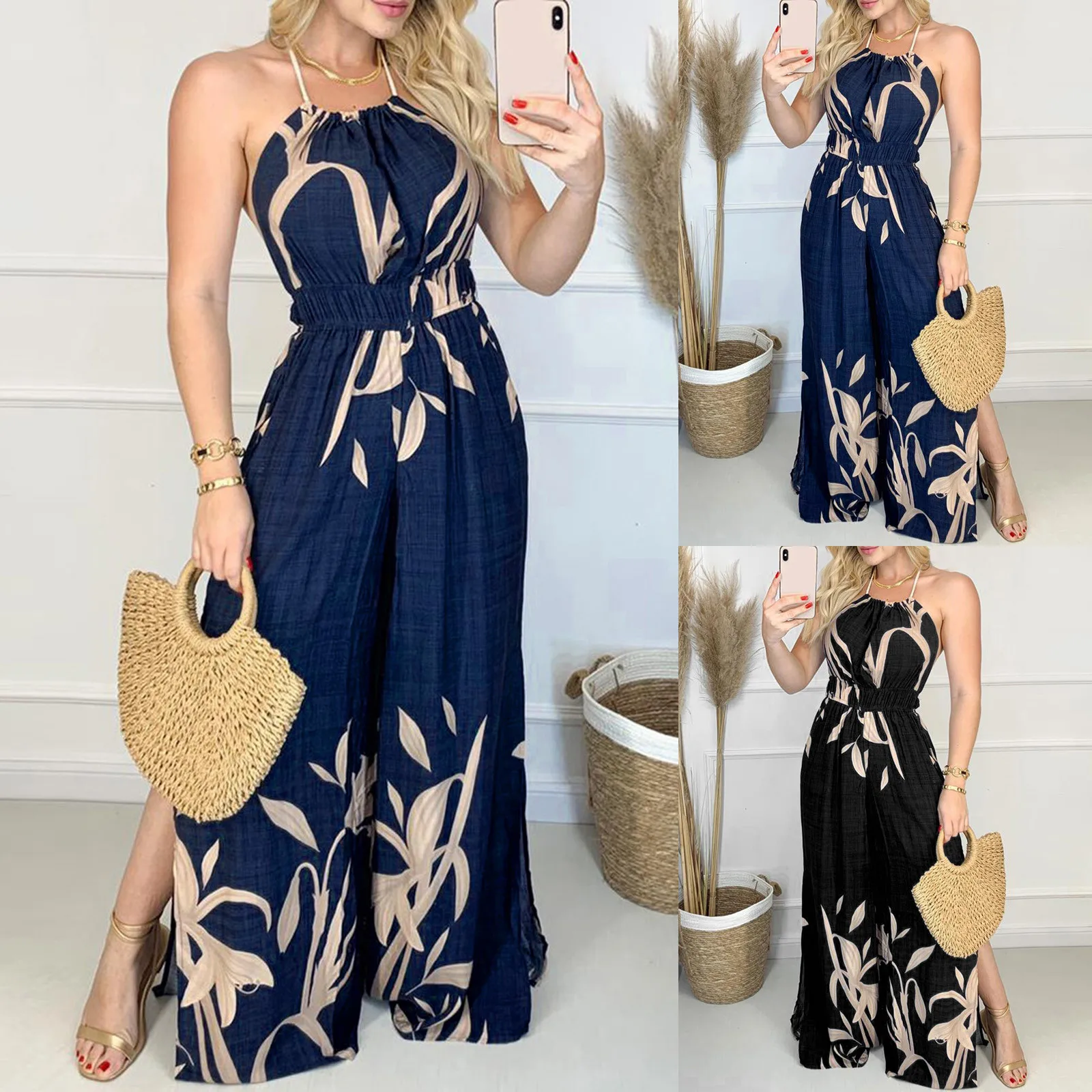 Halter WomenParty Playsuit Overalls Floral Boho Lady Wide Leg Jumpsuit Elegant Strapless BacklessPant RomperSexy Off Shoulder