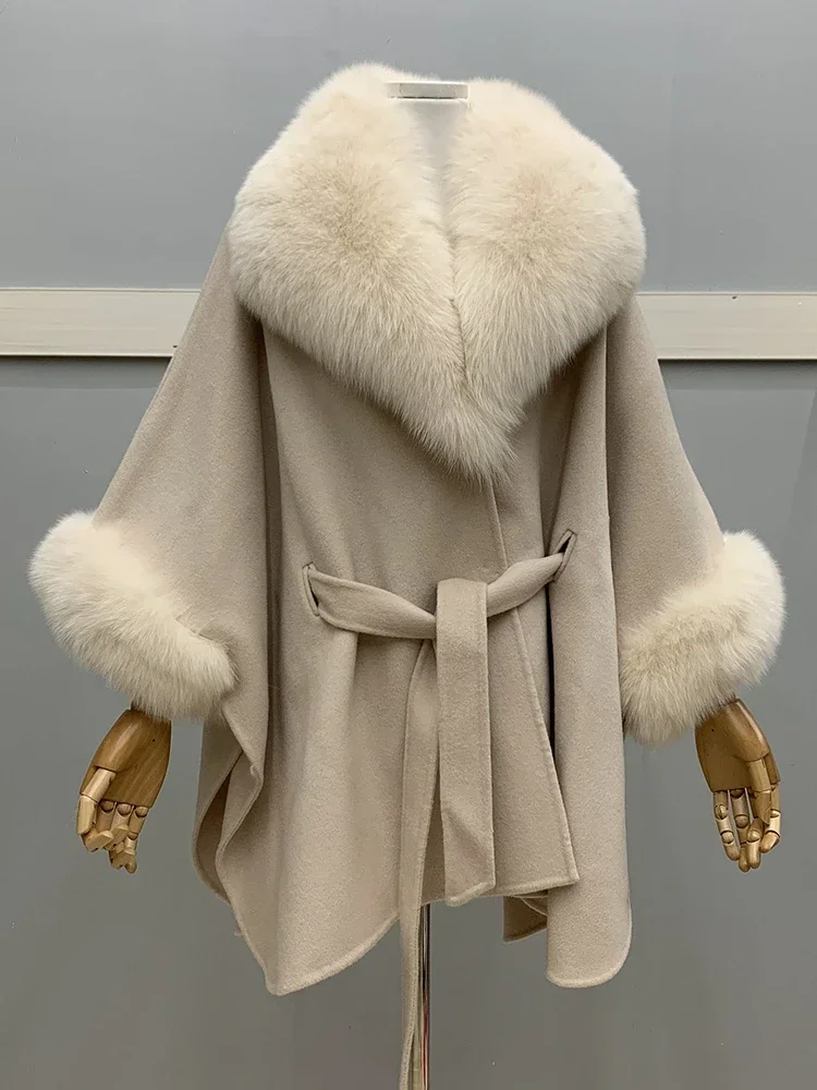 

Женское шерстяное пальто, теплое Свободное пальто из 2023-ной шерсти с большим отложным воротником и воротником из лисьего меха, Осень-Зима 100%