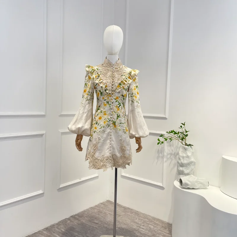 

Женское льняное платье-трапеция с рукавами-фонариками, винтажное ТРАПЕЦИЕВИДНОЕ мини-платье с плиссированными складками, высоким воротником и рукавами-фонариками, лето 2023