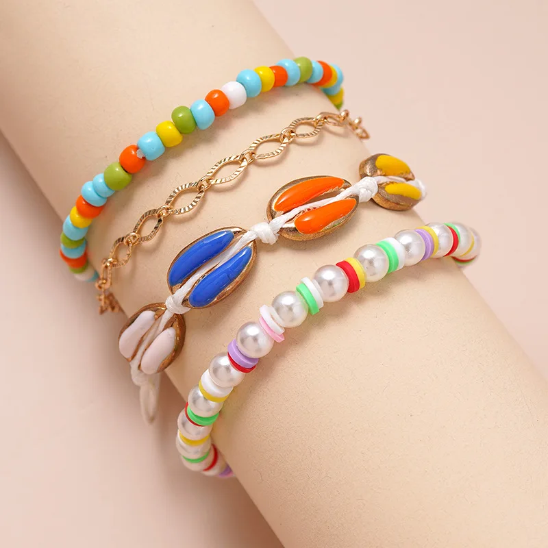 

European and American Hand Pearl Piercing Shell Oil Dripping Braided Rope Bracelet Pearl Soft Pottery Beading Suit Bracelet