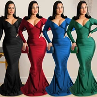 2022 summer women v neck long sleeve backless ruched hip mermaid maxi dress sexy night party long dresses for winter spring
