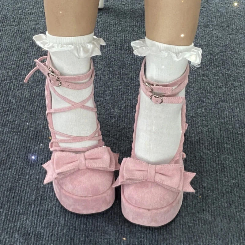 Sweet Lolita Shoes Chunky Platform High Heels Women Y2k Mary Jane Shoes with Straps Cute Pink Bow Fashion Female Cosplay Pumps