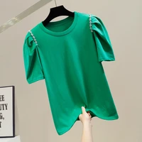 2022 new summer t shirt tees woman vintage puff sleeve rhinestone round neck pullover t shirts female loose green t shirt top