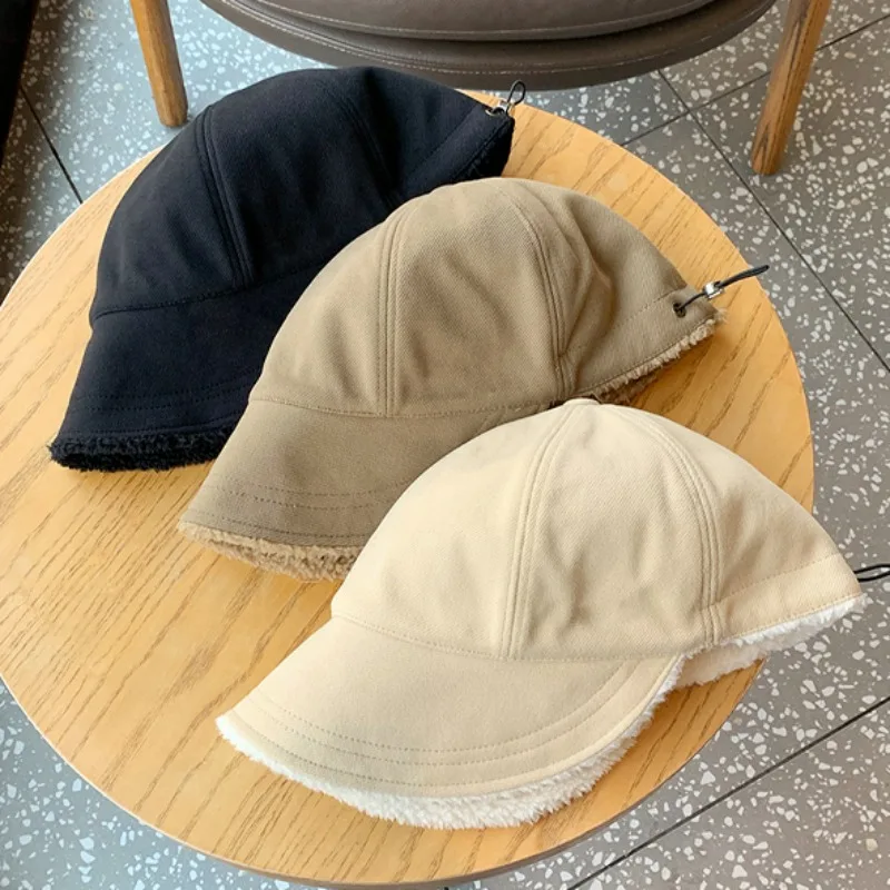 

Harajuku Winter Bucket Hat Men Fishing Fisherman INS Hat Autumn Winter Lamb Wool Cute Outdoor Warm Panama Cap for Women