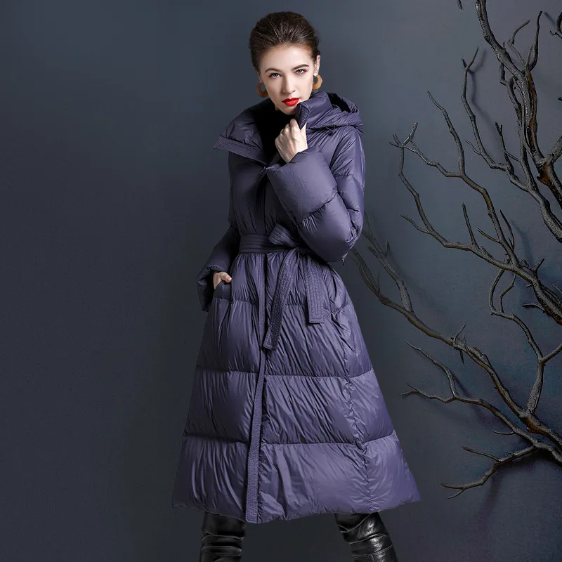 Hooded white duck down jacket women's mid-length loose thick lace-up down jacket
