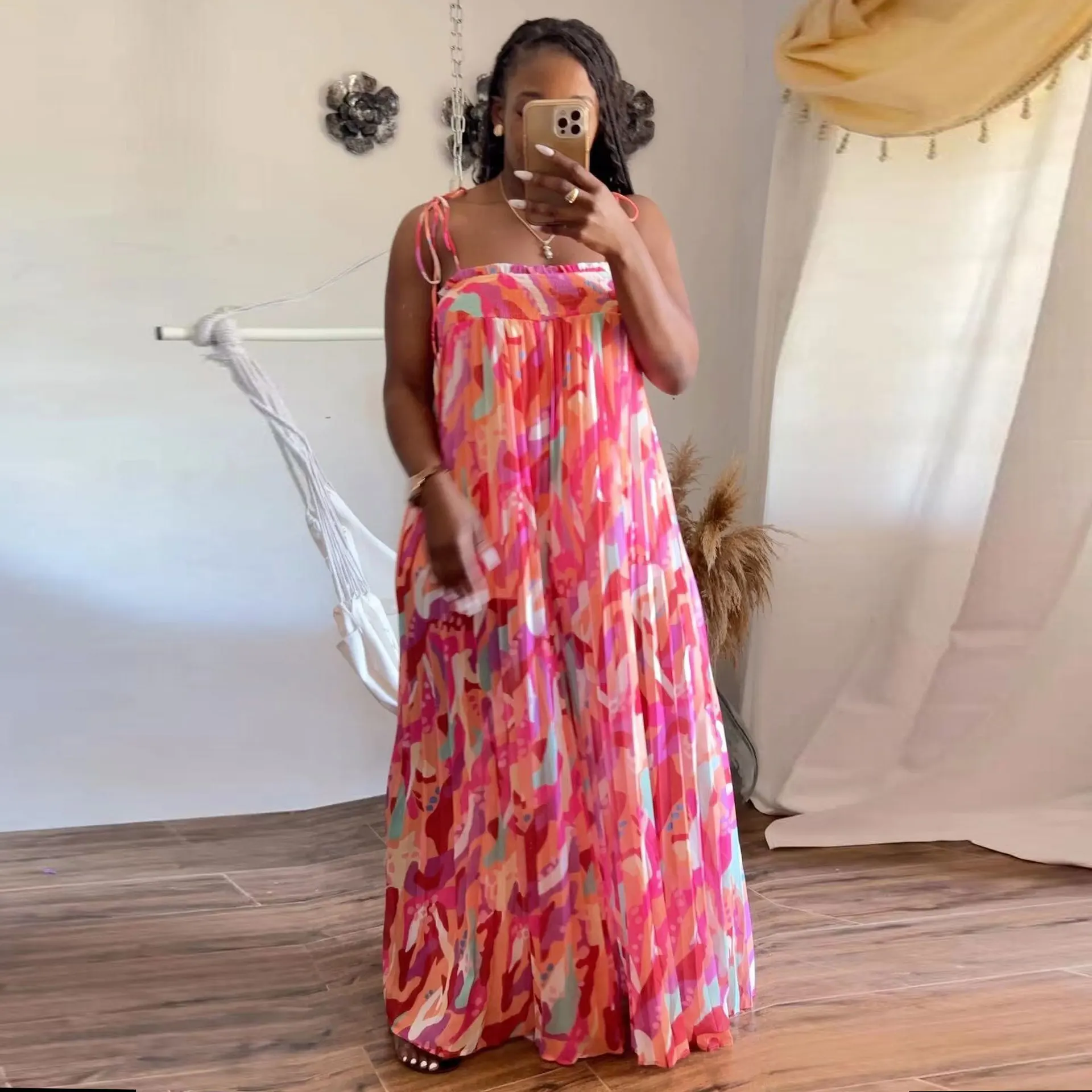 Plus Size Women Elegant Jumpsuit Ruffle Sleeveless Print One Piece Cloth Female Wide Leg Pant 2023 Summer Fashion Long Jumpsuit