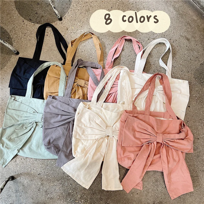 

Women Bag Cotton Fabric Tote Bag Bow Japan Style Lady High-capacity Solid Hasp SOFT Shoulder Bag Handbag Teenager Girl Bag Sweet