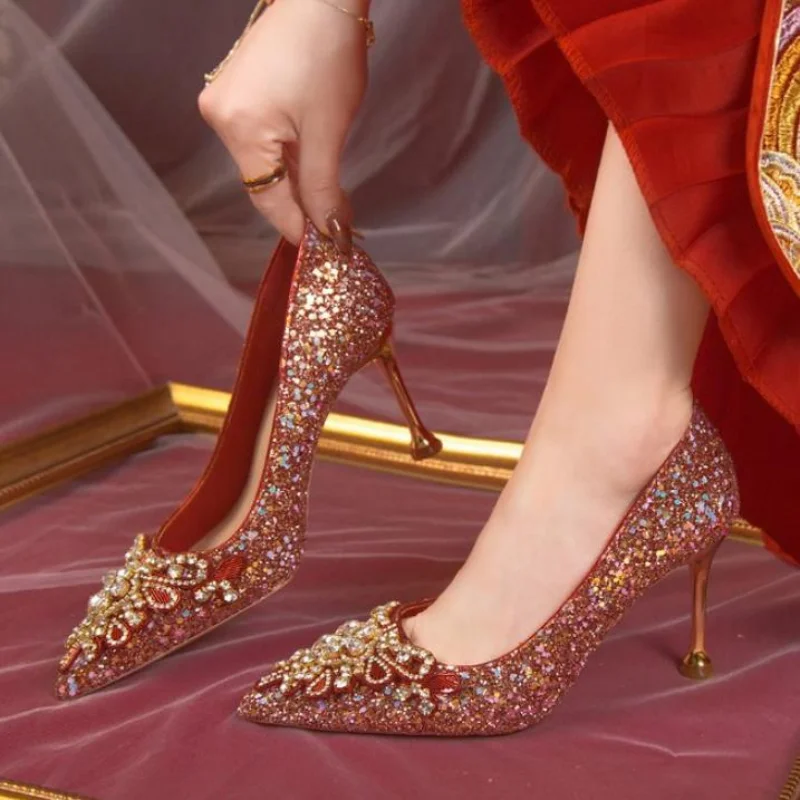 

New Luxury Crystals Wedding Bridal Shoes Women Glitter Sequins Stiletto Heel Pumps Woman Pointed Toe High Heels Shoes Dress Shoe