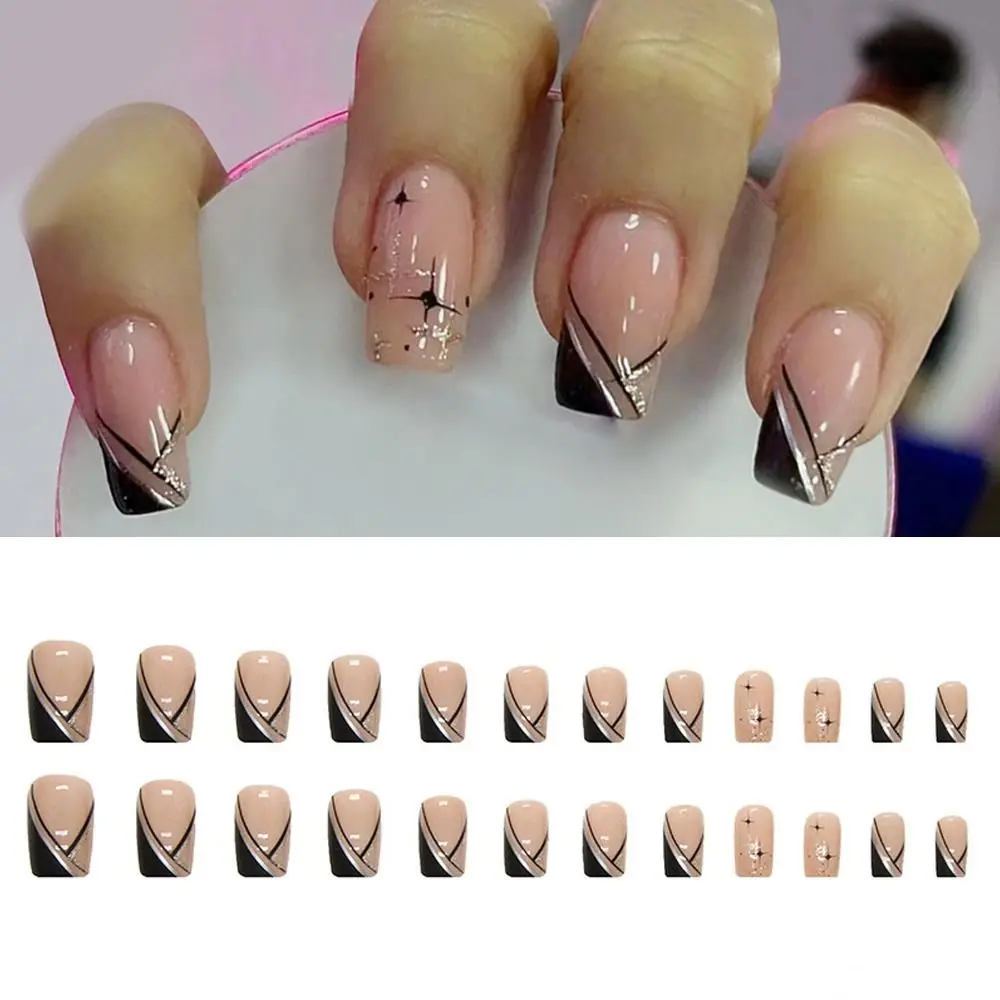 

24pcs Nail Tips DIY Manicure Press on Nails Simple Black Triangle French White Edge False Nails Short Square