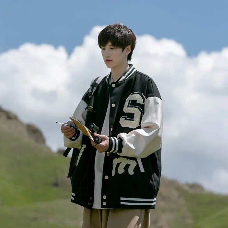 

Куртка-бомбер мужская составного кроя, винтажный пиджак в стиле хип-хоп, с вышивкой надписи, уличная одежда, свободные эполеты для пар