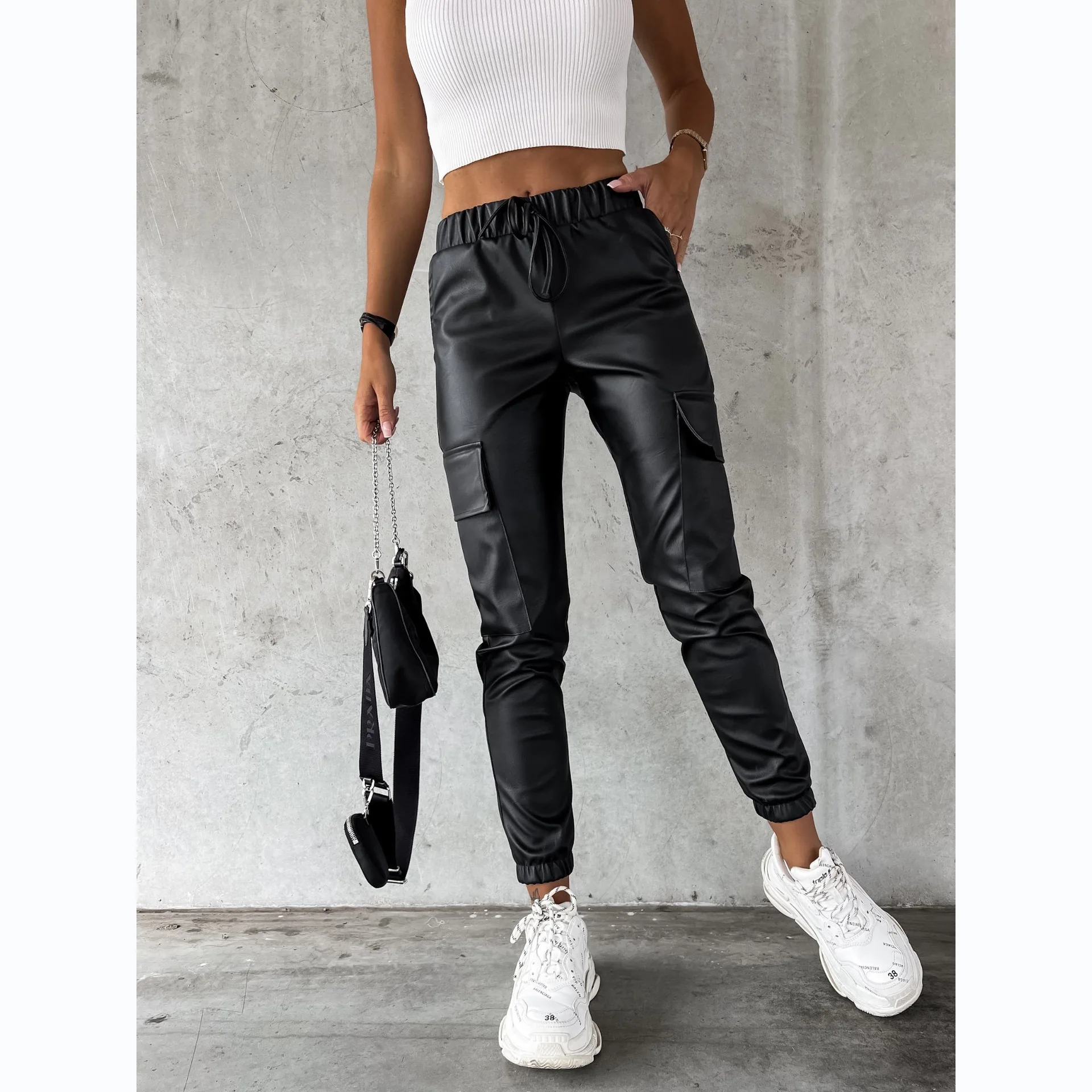 Fashion Women's Faux Leather Jogger Pants High Waist Solid Color Flap Pocket Leggings Autumn Winter Thick Pu Pants Black