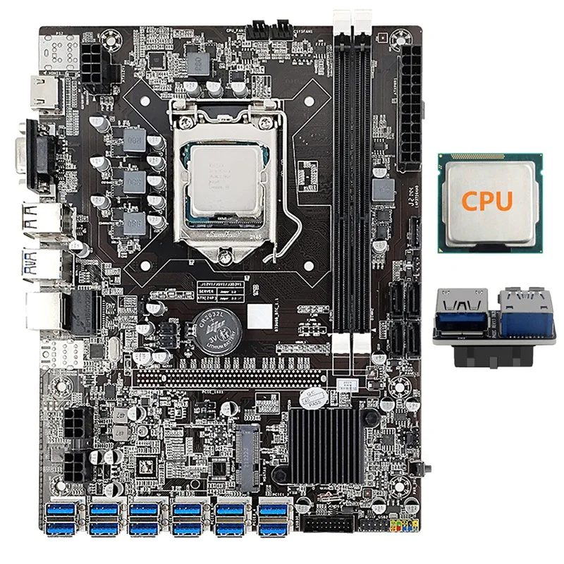 B75 USB-BTC 12 Card Mining Motherboard+Random CPU+USB3.0 19Pin Adapter 12USB3.0 (PCIE) GPU Slot LGA1155 DDR3 RAM SATA3.0