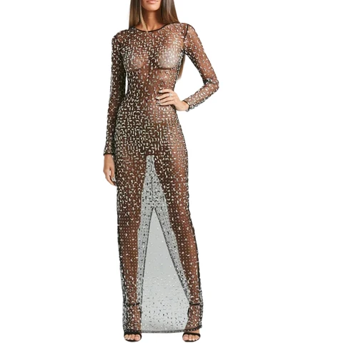 Женское длинное облегающее Сетчатое платье, коктейльное платье с длинным рукавом, прозрачное платье для клуба