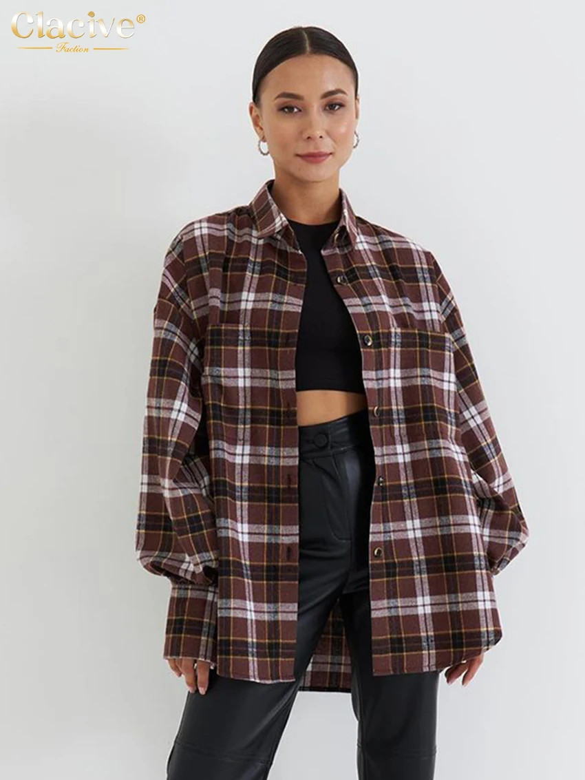 

Clacive Fashion Loose Plaid Women'S Blouses 2023 Elegant Lapel Long Sleeve Office Shirts Vintage Classic Tops Female Clothing
