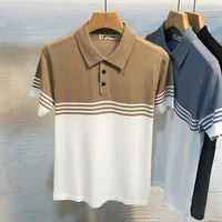 summer ice silk knit polo shirt lapel mens short sleeve t shirt striped contrast color half sleeve slim korean mens polo shirt