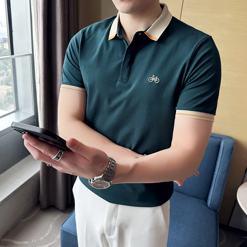 

Teenager lapel T-shirt, casual, fashionable, slim, high quality, men's short sleeved polo shirt, 2023 new