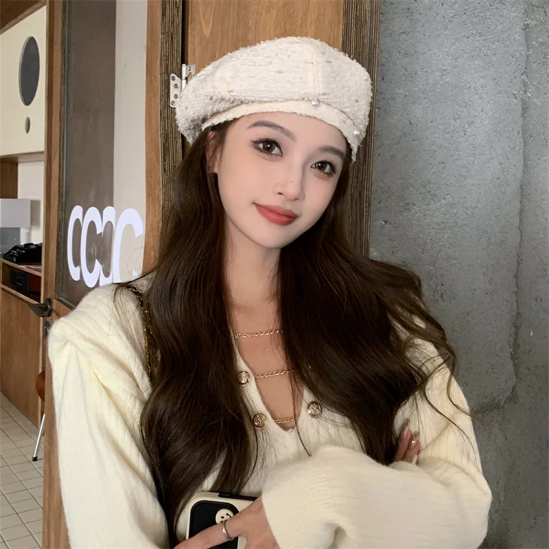 Korean Series 2024 Graceful Pearl Beret Elegant Artistic Autumn and Winter New Beautiful High end Women Face-Looking Small Hat