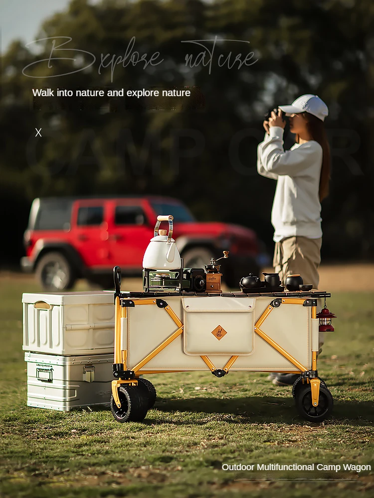 

Outdoor Camp Wagon with Wood Table Top Heavy Duty Utility Beach Wagon Cart Removable Wheels Foldable Grocery Gardeb Uotdoor Use