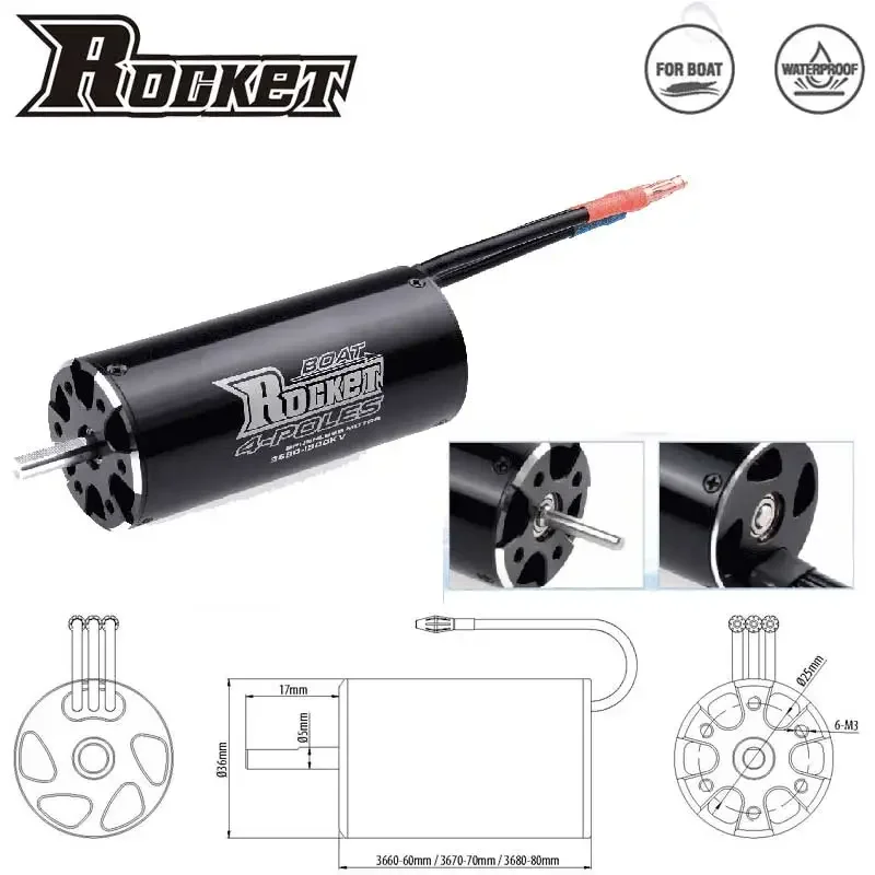 Фото Комплект UniFlyROCKET-RC: Бесщеточный двигатель 2948/2958/2968 и ESC 70A с водяным охлаждением (29-S/29-L) для радиоуправляемых лодок Traxxas 600-800 мм №3