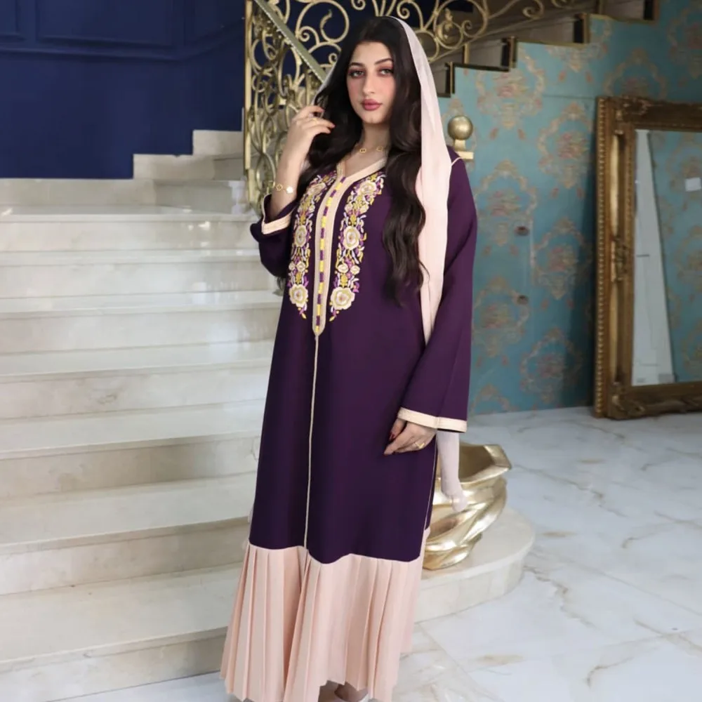 

Muslim Long Skir Arabic Long Sleeve Dress Dubai Ladies Robe Slim Fit Women Purple Sequin Embroidered Loose Evening Dress Spring
