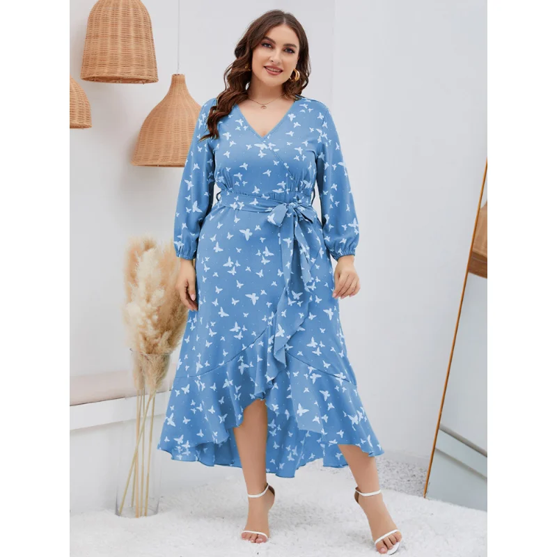 Plus Size 4xl 5xl Elegant Printed Lantern Dress Women Dresses Sexy Boho Beach Casual Slim Party Ruffle Midi d 3xl 4xl 5xl 6xl