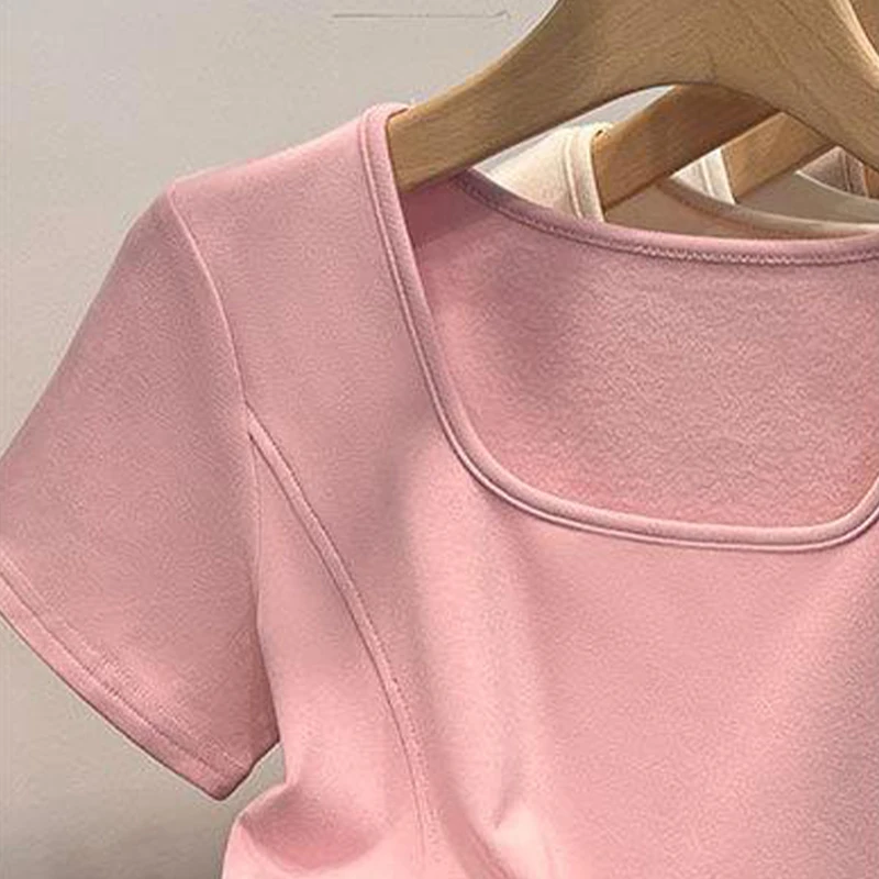 Женская Асимметричная футболка однотонный облегающий топ с квадратным вырезом и