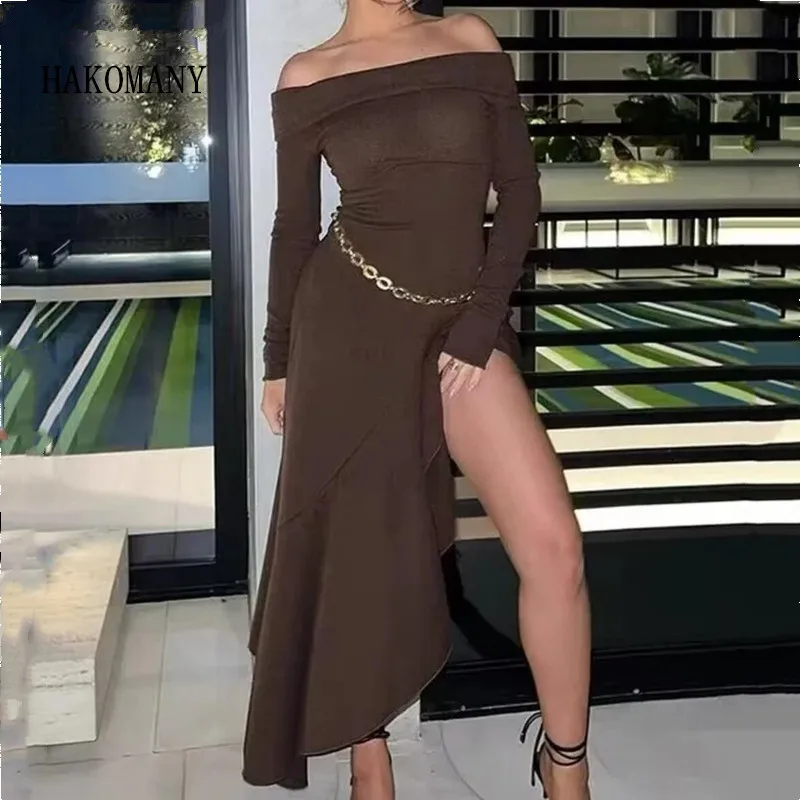 

Women Slash Off Shoulder Long Sleeve Midi Long Dress Low Waist Package Hips Ruffles Hem Oblique Asymmetry Robe