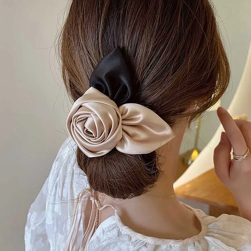 

Women Vintage Satin Big Rose Flower Hairpin Ponytail Holder Champagne Hair Clip Girl Elegant Barrettes Korean Hair Accessories