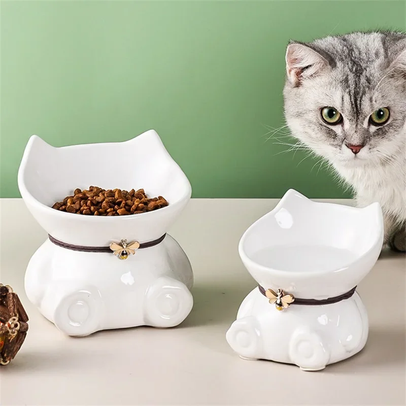 

New Pet Cat Bowl Ceramics Food Pot Oblique Mouth Dog Drinking Fountain High Foot Protection Cervical Vertebrae Kitten Supplies