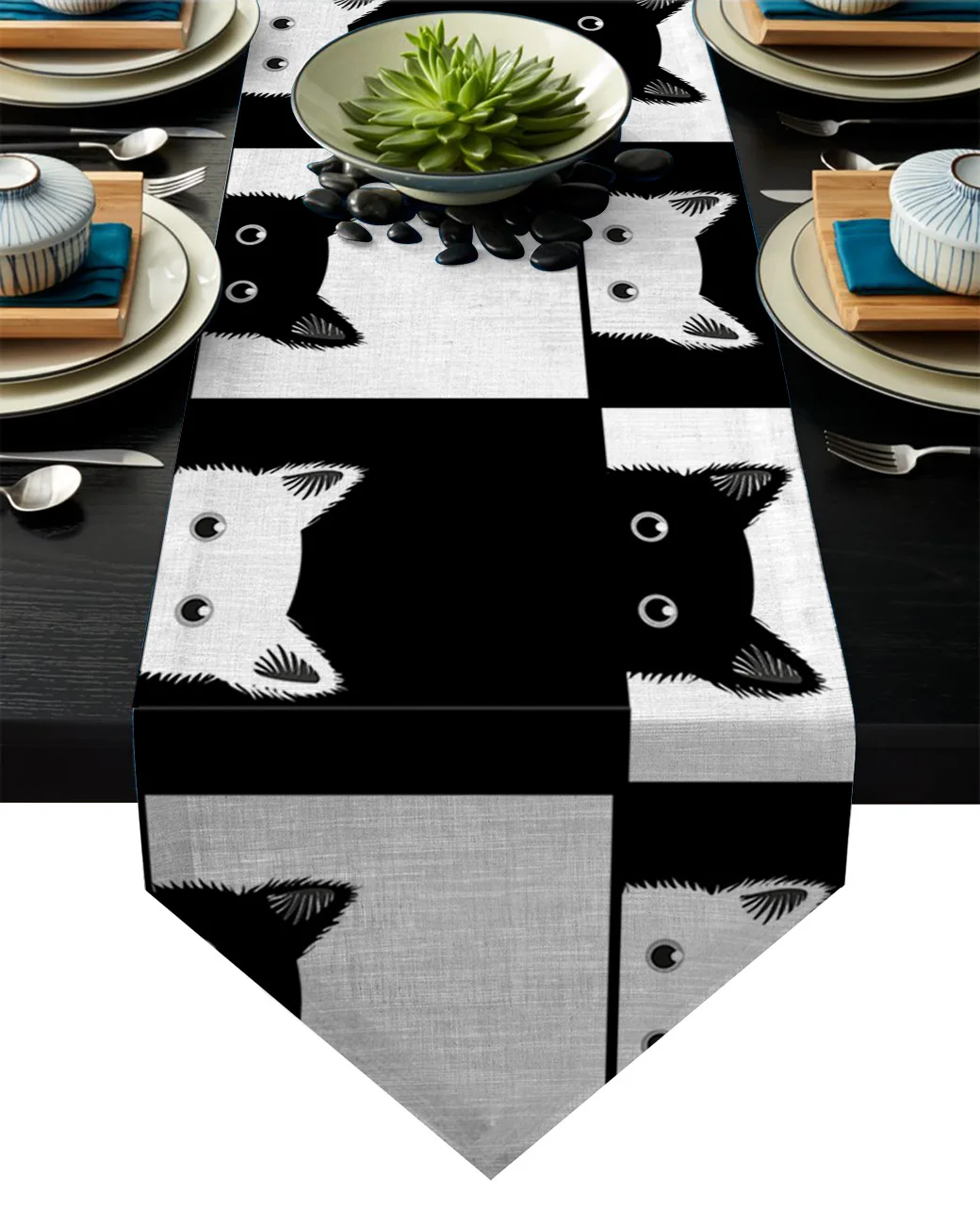 

Geometic Black White Plaid Cat Table Runner Table Flag Home Party Decorative Tablecloth Table Runners