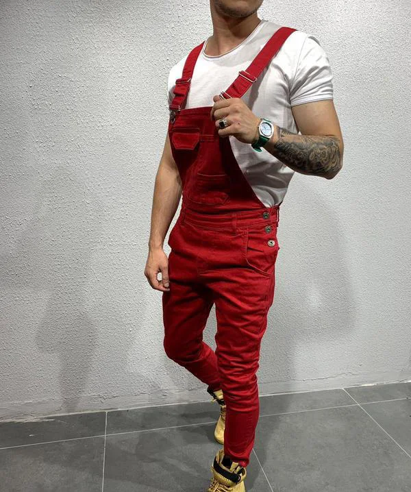 (10% Off 3 Pieces)【Free Shipping】Europe and The United States New Tie-dyed Jeans and Suspenders Slim Slim Men Solid Color Jeans