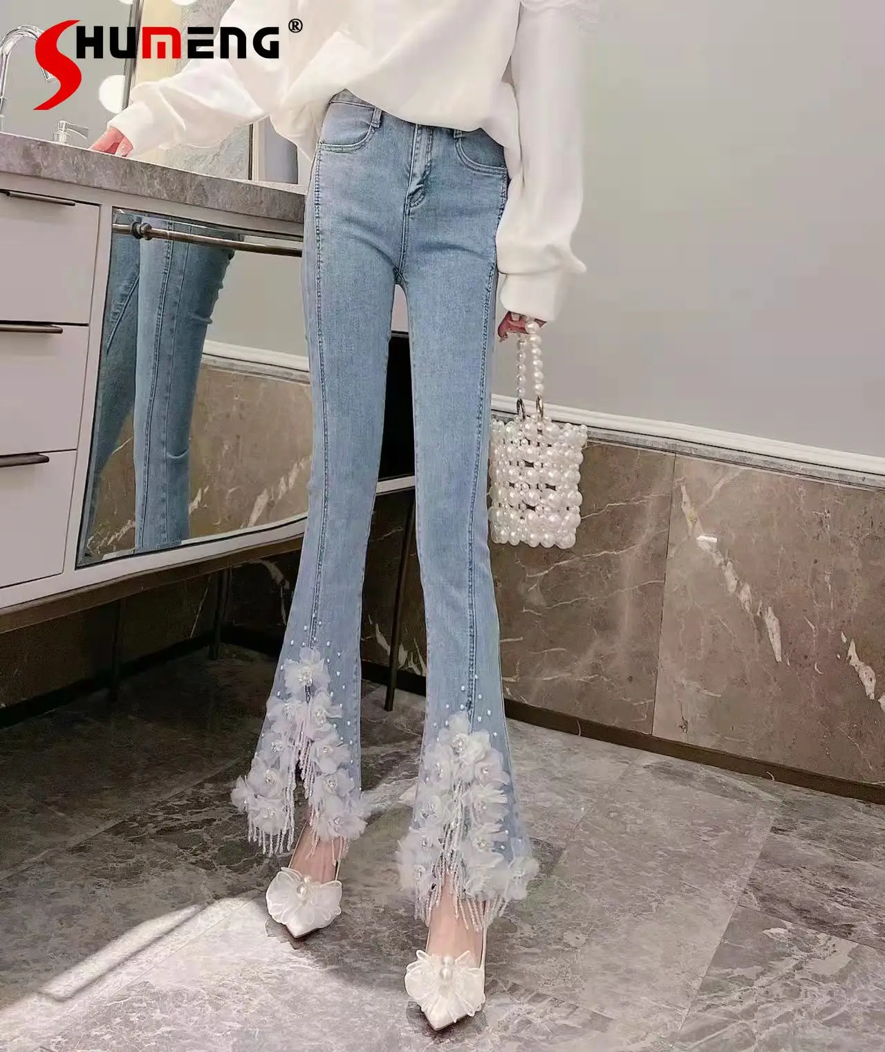 Women 2022 Spring New Korean Style Elegant Sweet Denim Pants Ladies Fashion Fairy Beads 3D Flower Slit High Waist Slimming Jeans