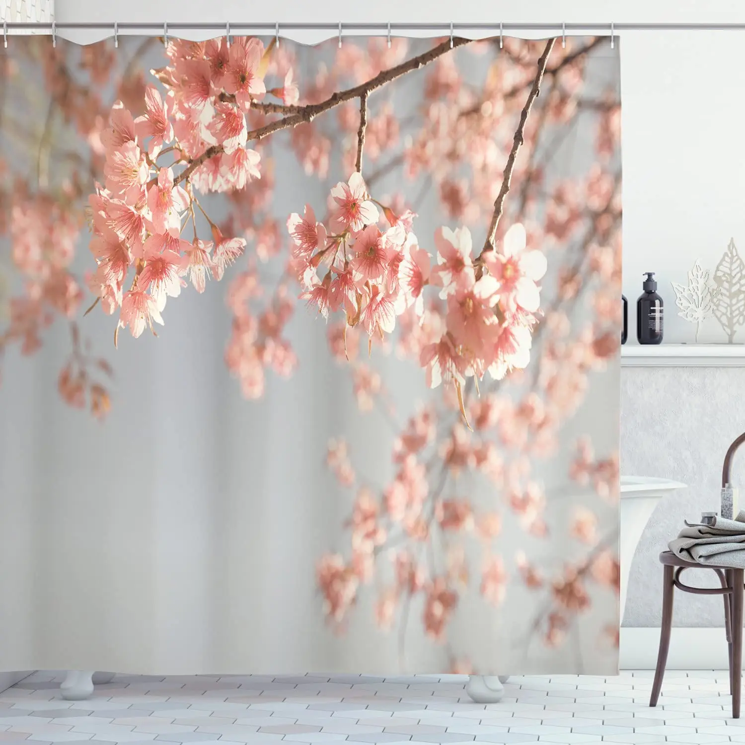 

Peach Shower Curtain Japanese Scenery Sakura Tree Cherry Blossom Nature Photography Coming of Spring Cloth Fabric Bathroom Decor