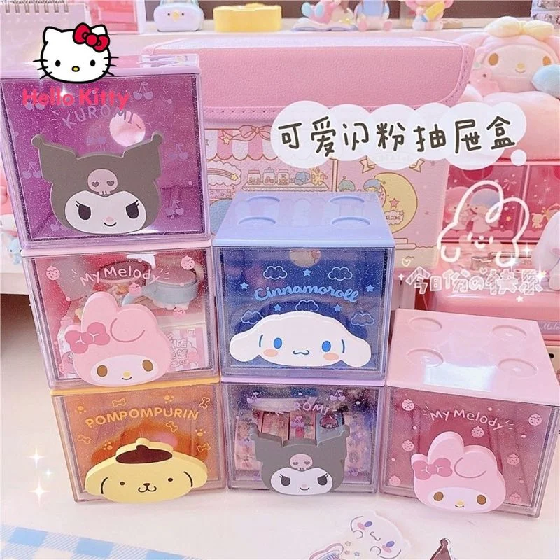 

Hello Kitty Kuromi Desktop Storage Box Mini Stack Drawer Stationery Cabinet Storage Cute Pink Cartoon 3D Decoration Organizer