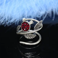 boho style inlaid red crystal pomegranate metal rattan leaf ring fashion creative design womens ring wedding party gift jewelry