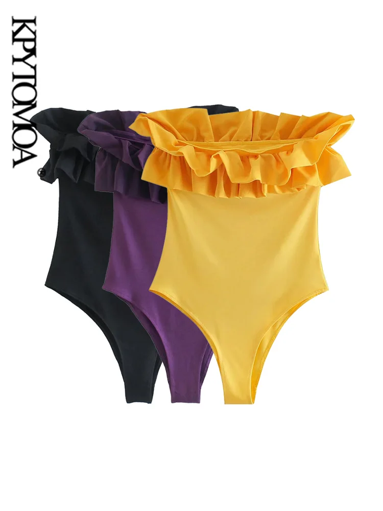 

KPYTOMOA женские пикантные модные облегающие боди с оборками винтажные женские комбинезоны без рукавов с открытыми плечами