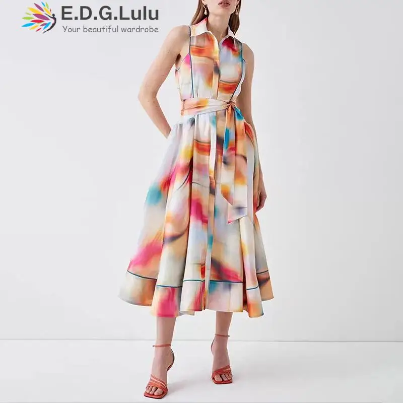 

Новинка 2023, женские летние платья EDGLuLu с принтом в стиле Tie-Dye, Женские повседневные длинные платья на шнуровке в европейском стиле 2023, 0623