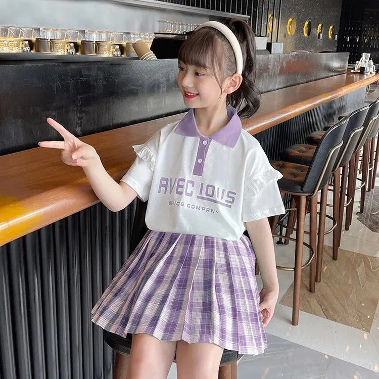 

Girls Clothes Uniform Suit Summer Short-Sleeved Polo Shirt Skirt Girls Dress Children Korean College Style Loungewear 2pcs Set