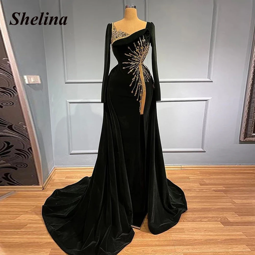 

Exquisite Velour Sequins Prom Evening Dress V-neck Asymmetrical Court Train Prom Gown Vestidos Robes De Soirée Made To Order