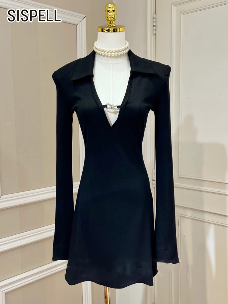 

SISPELL Diamonds Dress For Women Black V-Neck Long Sleeve Gathered Waist Mini Dresses Female 2022 Spring Clothing Style Fashion