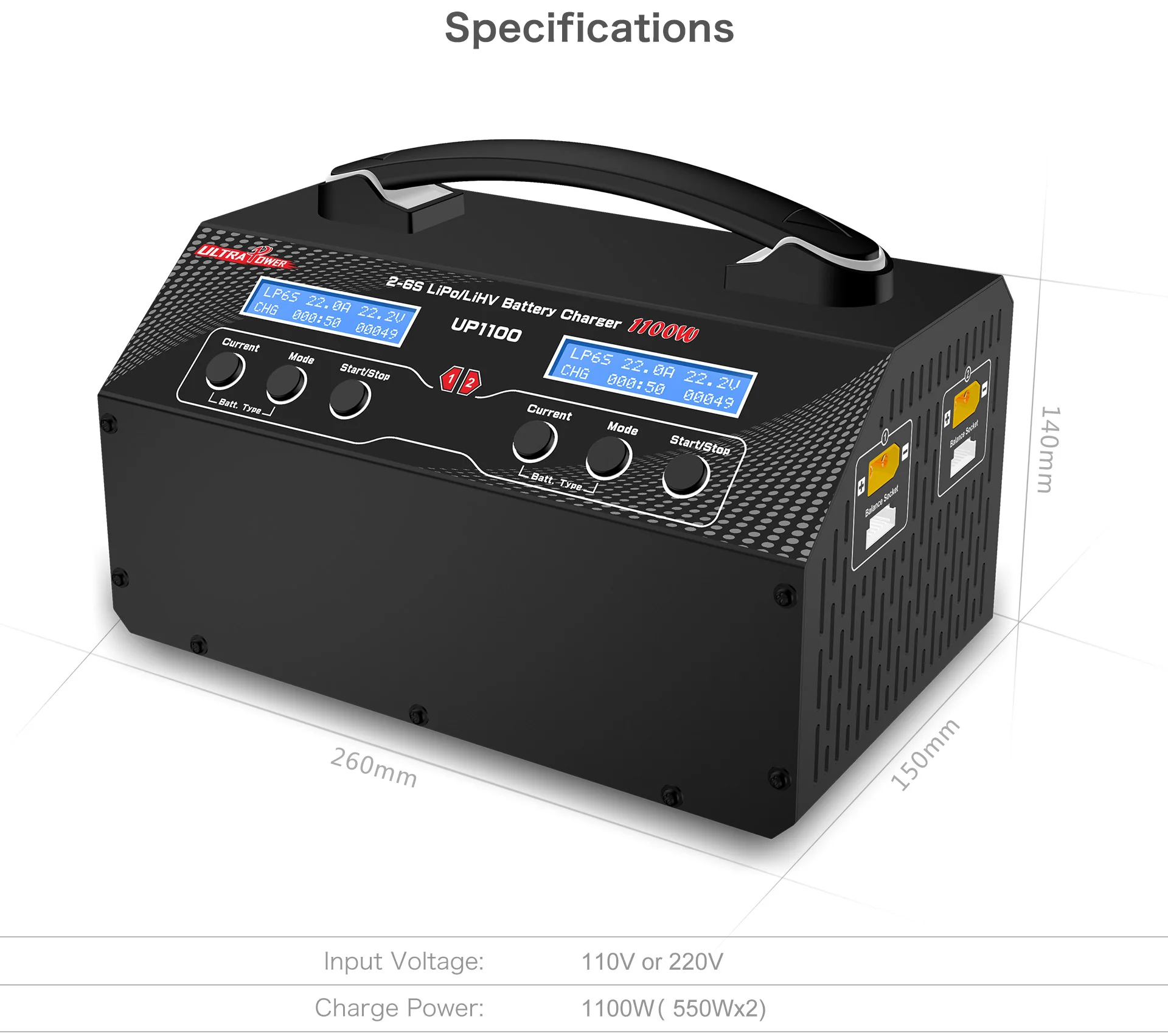 Фото ULTRAPOWER UP1100 Двухканальное интеллектуальное зарядное устройство с множественной защитой, регулируемая, 1100 Вт, 22 А, радиоуправляемая модель, аккумулятор 26S №4