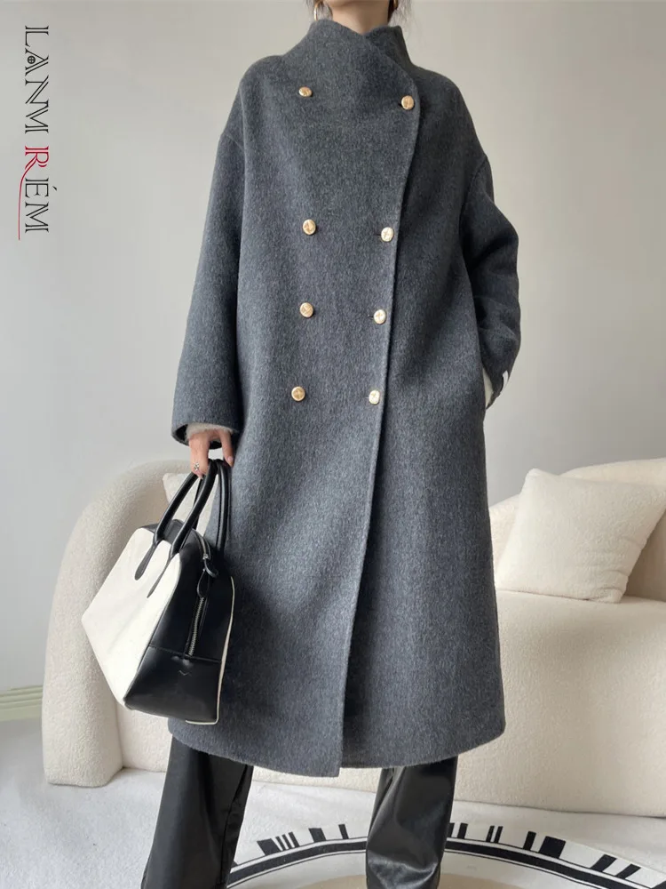 

Женское шерстяное пальто LANMREM, роскошное двубортное теплое пальто с воротником-стойкой и длинным рукавом, верхняя одежда, новинка зимы 2023, 26D6828
