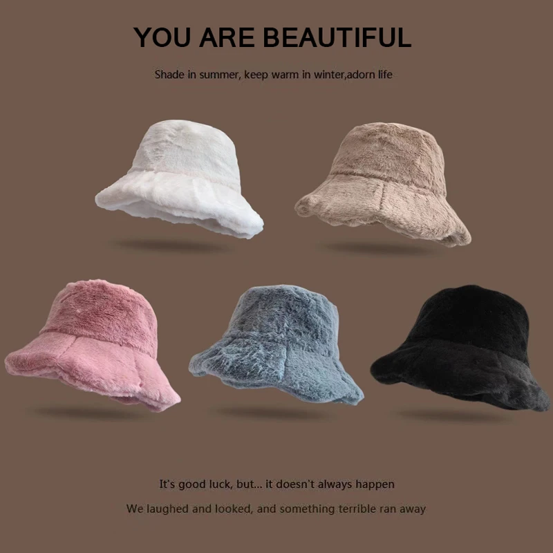

New Ruffles Bucket Hats Women Winter Plush Fisherman Caps Solid Color Fur Plus Fleece Hat Outdoor Warm Thicken Panama Beanie Cap